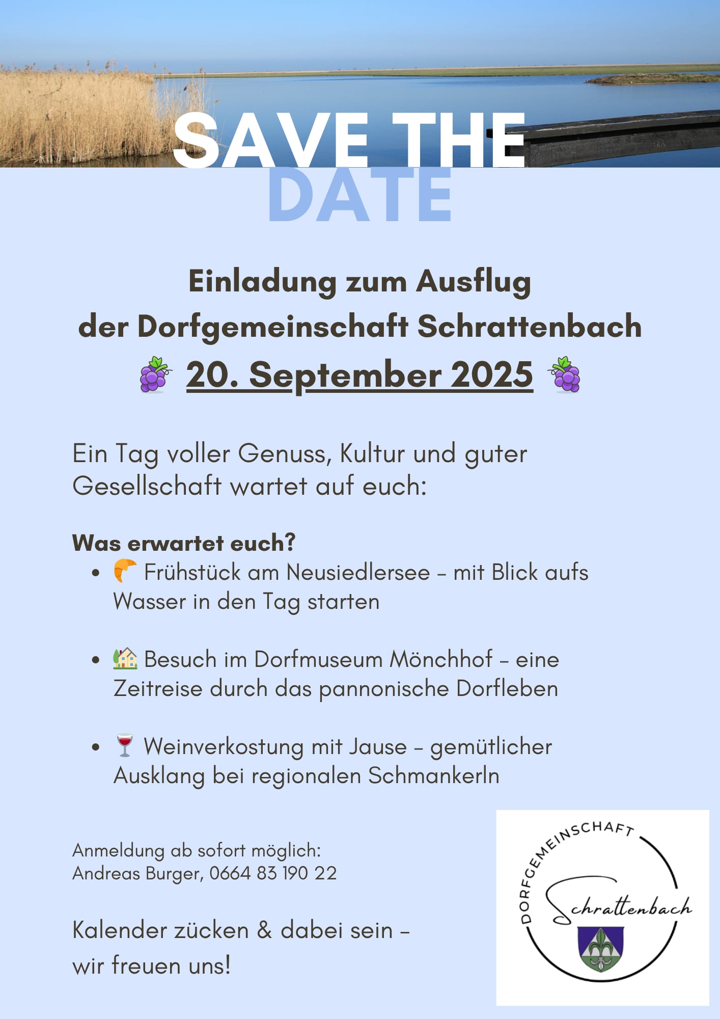 Plakat Save the Date Ausflug der Dorfgemeinschaft Schrattenbach